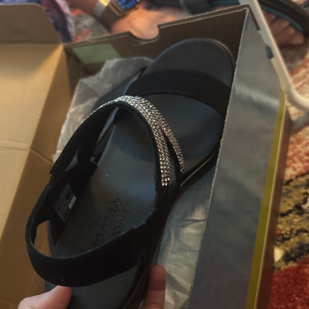 Skechers Black Sandals with Sparkling Silver Straps